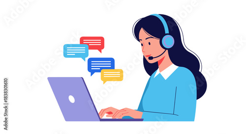 A friendly female customer service representative with a headset is typing on a laptop, engaged in online chat support.
