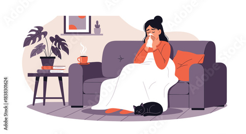A young woman feeling unwell sits on her cozy living room couch, wrapped in a blanket, and blowing her nose with a tissue.