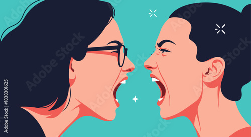Two angry women face each other in profile, screaming and shouting loudly with intense facial expressions during a heated argument.