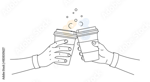 Line art illustration of two people toasting with take-out coffee cups, symbolizing a casual celebration or friendly meeting.