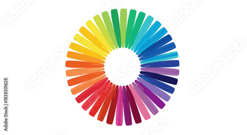 A vibrant color wheel formed by numerous crayon-like segments arranged in a circular spectrum on a clean white background.