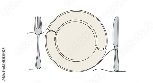 Elegant continuous line art drawing of a dinner plate with a fork and knife, creating a simple and modern table setting.