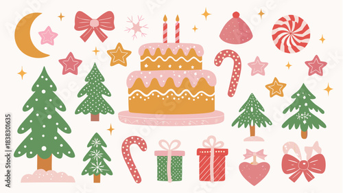 Charming collection of festive holiday icons featuring a sweet birthday cake, decorated Christmas trees, and cheerful gifts