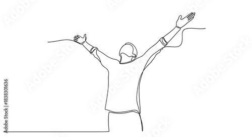 Continuous line drawing of a person with outstretched arms looking up, symbolizing freedom, success, joy, or worship.