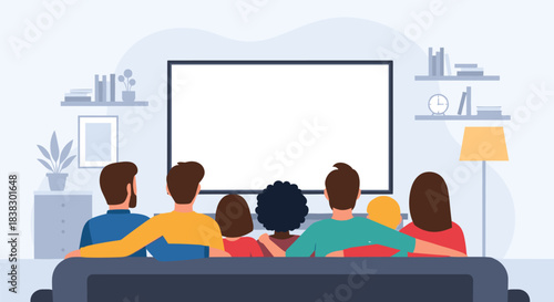 A diverse group of family or friends sit together on a comfortable sofa, watching a blank television screen in a modern living room.