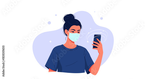 A woman wearing a face mask holds a smartphone, likely for facial recognition or secure mobile access, with glowing lines around the screen.