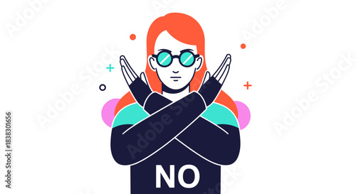 A confident woman with glasses makes a clear \.