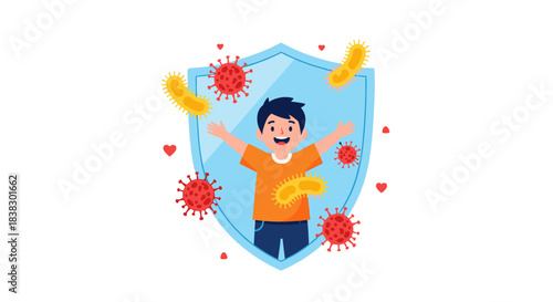 A cheerful boy is protected by a shield from viruses and bacteria, representing childhood immunity and health defense.