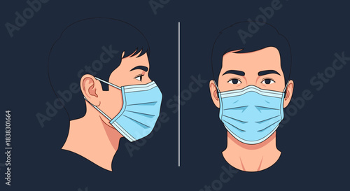 An illustration of a man wearing a light blue surgical face mask, depicted from side and front views, emphasizing health protection.