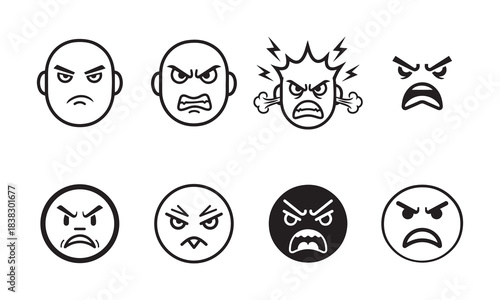Set of Eight Angry and Mad Face Emojis Vector Icons