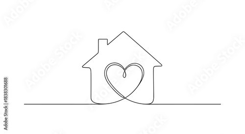 Minimalist continuous line art drawing depicting a cozy home with a heart inside, symbolizing love, care, and security within family and property.