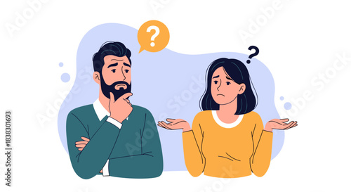 A man and woman looking puzzled and uncertain, reflecting on a problem and searching for answers.