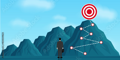 Businessman is looking for Business Target or Goal. Career Success or Goal Achievement Concept. Vector Illustration.