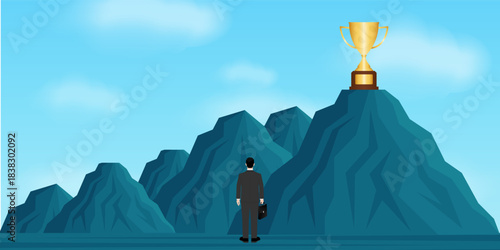 Businessman is looking at Trophy for his Goal. Career Success or Goal Achievement Concept. Vector Illustration.
