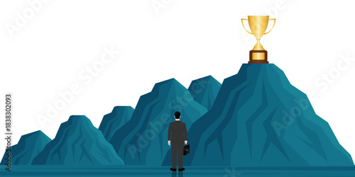 Businessman is looking at Trophy for his Goal. Career Success or Goal Achievement Concept. Vector Illustration.