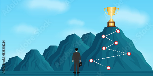 Businessman is looking at Trophy for his Goal. Career Success or Goal Achievement Concept. Vector Illustration.