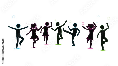 Dancing in Silhouette: A group of silhouetted figures joyfully perform various dance moves, symbolizing rhythm, energy, and the essence of dance itself.