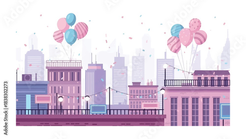 Cityscape Celebration: Colorful balloons drift over an urban panorama. A charming illustration of city life with hints of festivities.