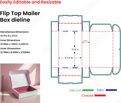 Flip Top Mailer Box Dieline With Dimensions and Visual Example packaging