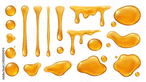 Set of realistic golden honey syrup drips and drops isolated on white background