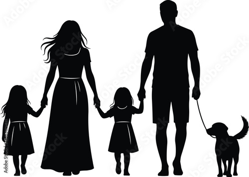 Silhouette family walking together holding hands with two daughters and dog, happy parents enjoying outdoor bonding moment illustration