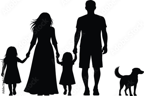 Silhouette of family walking together with two daughters and dog, happy parents holding hands in peaceful outdoor moment illustration