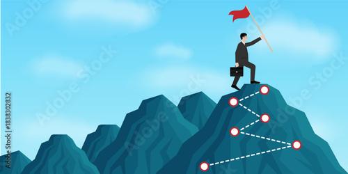 Businessman Reach the top of the Mountain with Victory Flag. Goal Achievement and Business Success Concept. 