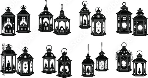 Silhouette set of decorative Christmas lanterns with winter houses, stars, and trees, festive holiday illumination design collection
