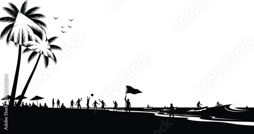 Black silhouette vector of a crowded tropical beach with palm trees, people playing volleyball, sunbathing, and surfers riding waves during a vibrant summer vacation.