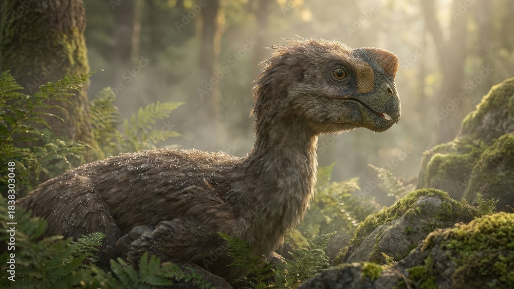 Obraz premium Feathered dinosaur standing protectively over a clutch of eggs in a mossy nest, water droplets covering its body in a misty, lush prehistoric forest illuminated by soft light