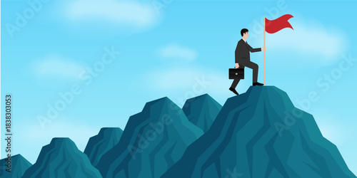 Businessman Reach the top of the Mountain with Victory Flag. Goal Achievement and Business Success Concept. 