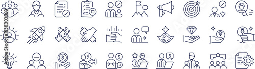 Business management icons set illustrating leadership, teamwork, strategy, success, productivity, communication, innovation, corporate growth, employee development,