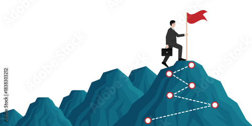 Businessman Reach the top of the Mountain with Victory Flag. Goal Achievement and Business Success Concept. 