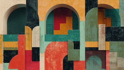 Panel kuchenny z motywem Abstract Geometric Cityscape: Architectural Design with Arches and Blocks in Muted Tones