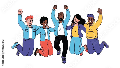 Joyful Team Spirit: A vibrant group of people leaps for joy, their arms raised in triumphant celebration, embodying the essence of unity and shared success. 