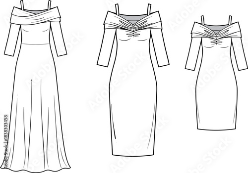 Off-shoulder dress sketch, fashion illustration, long sleeve design, three length variations, elegant silhouette, technical drawing, garment concept, vector style, apparel design, couture fashion