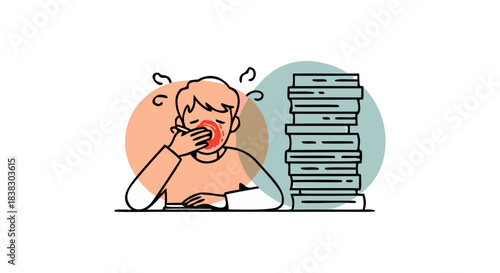 Sick Employee Coughing While Working at Desk Vector Illustration