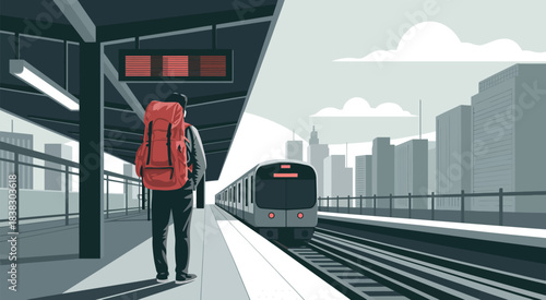 Lone traveler with backpack on train platform watching incoming train against modern city buildings while preparing for travel and exploring urban environments