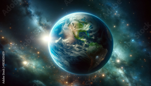 Planet Earth from space with glowing city lights, North and South America view