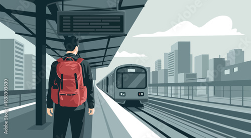 Lone traveler with backpack on train platform watching incoming train against modern city buildings while preparing for travel and exploring urban environments