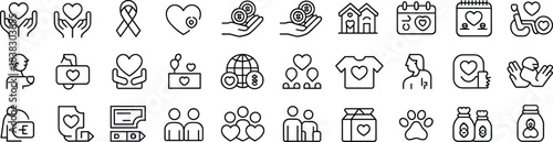 Charity and donation icon set featuring giving hands, heart support, fundraising help, nonprofit symbols, community care, humanitarian aid, volunteer assistance