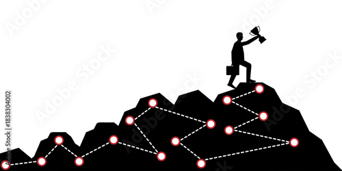 Businessman Reach the top of the Mountain with Trophy Silhouette. Goal Achievement and Business Success Concept. 