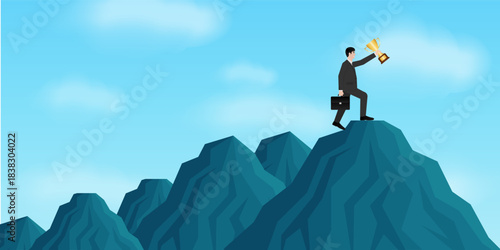 Businessman Reach the top of the Mountain with Trophy. Goal Achievement and Business Success Concept. 