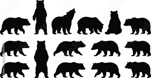 Large collection of detailed bear silhouettes in various poses including walking, standing, and howling, perfect for wildlife and nature design projects, isolated on white.