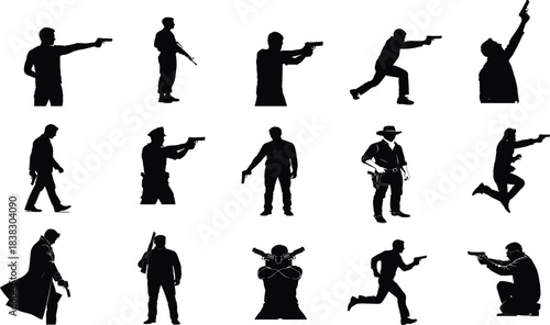 Silhouettes of people in action poses with weapons