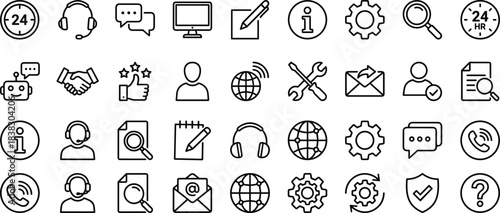 Customer support and communication icon set featuring help services, chat assistance, tools, global connection, information symbols, call center elements, troubleshooting graphics