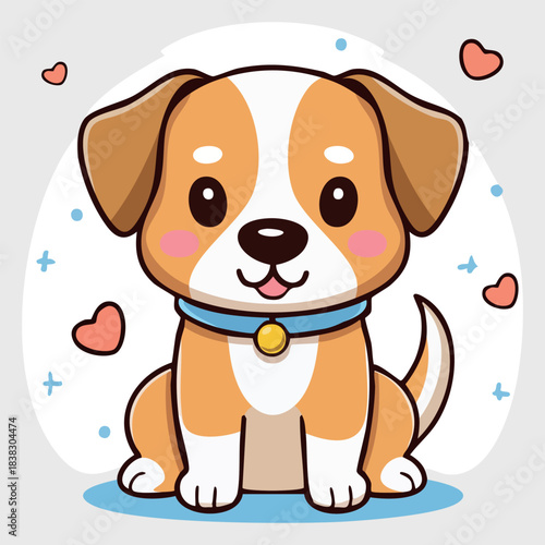 Adorable Kawaii Puppy Sitting with Hearts Sparkles and Playful Dots Illustration