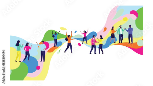Vibrant Interaction: A dynamic illustration depicting a diverse group of individuals engaging in vibrant interaction. Colorful abstract strokes create a celebratory atmosphere.