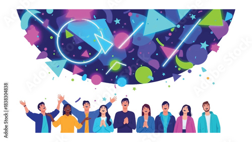 Celebrating the extraordinary : A diverse group of people gazes upward, their arms raised in an act of unity and anticipation.