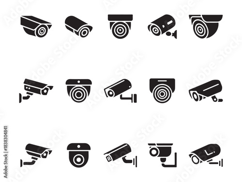 A set of CCTV Surveillance & Smart Security Camera Icon Collection – Black Silhouette
